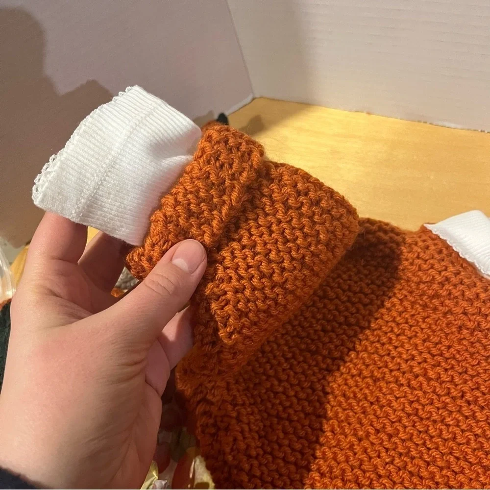 Baby Knit Orange Pumpkin Hat Sweater Bodysuit Set 9-12 Months Photo Prop Outfit
